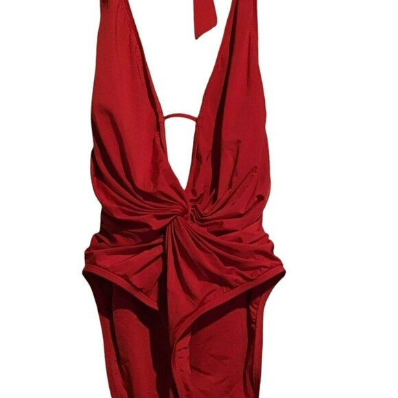 Kenneth Cole Reaction Red Plunge Ruched Front Halter Neck Swimsuit SZ=Small - Picture 1 of 2